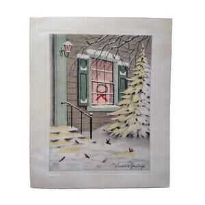Christmas Season Greeting Card Vintage 1946 Glitter Home Robins Snow Tree PCN